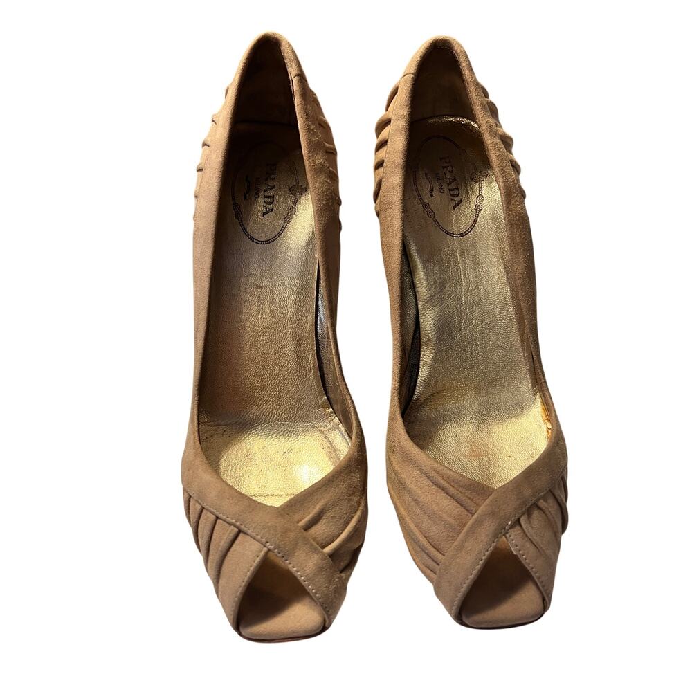 Prada Tan Suede Peep Toe Heels Pleated Ruched Stiletto Pump EU 37 Royal Vintage - Picture 3 of 8